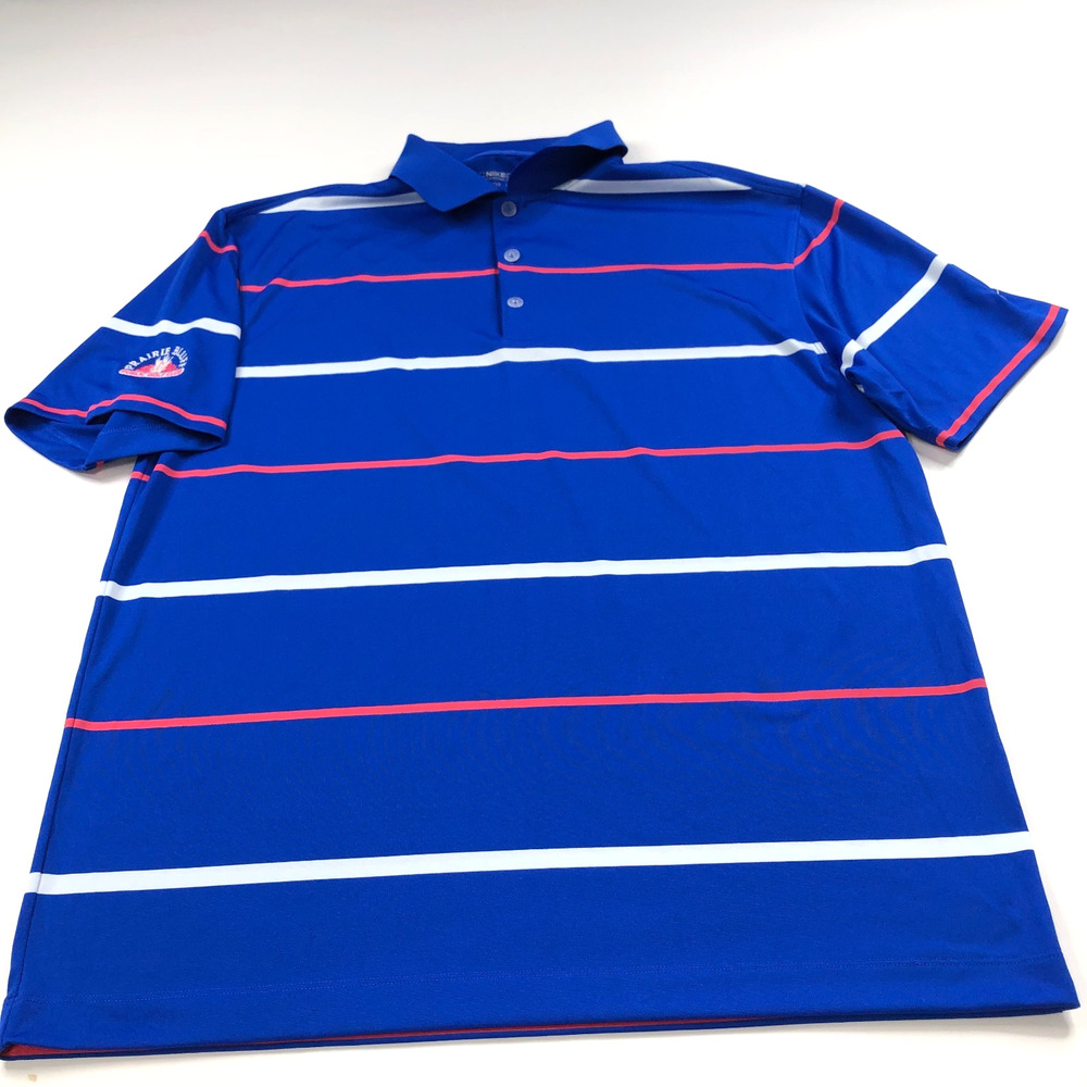 Nike Golf Dri Fit Large Mens Golf SS Button Polo Striped Shirt Blue LOGO